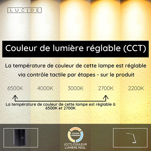 Lucide VARIO LED - Lampe de bureau - LED Dim. - CCT - 1x8W 2700K/6500K - Blanc - USP